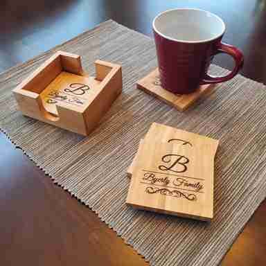 Personalized 4" x 4" Bamboo Square 4-Coaster Set with Holder - #01CST