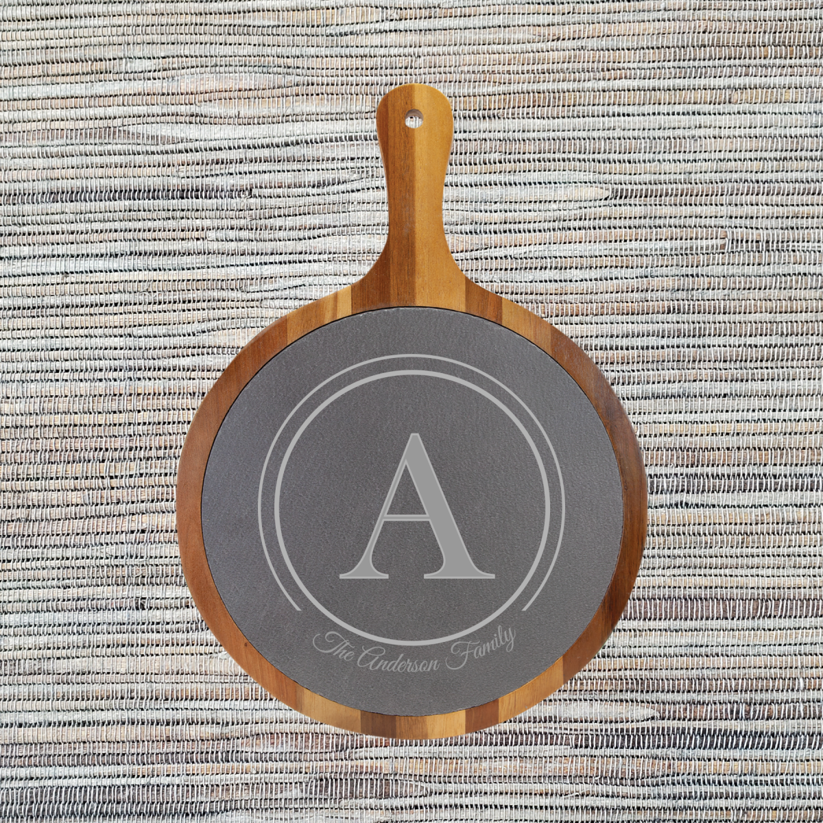 Acacia Wood & Slate Cutting/Serving Board with Handle, Round - Image 3