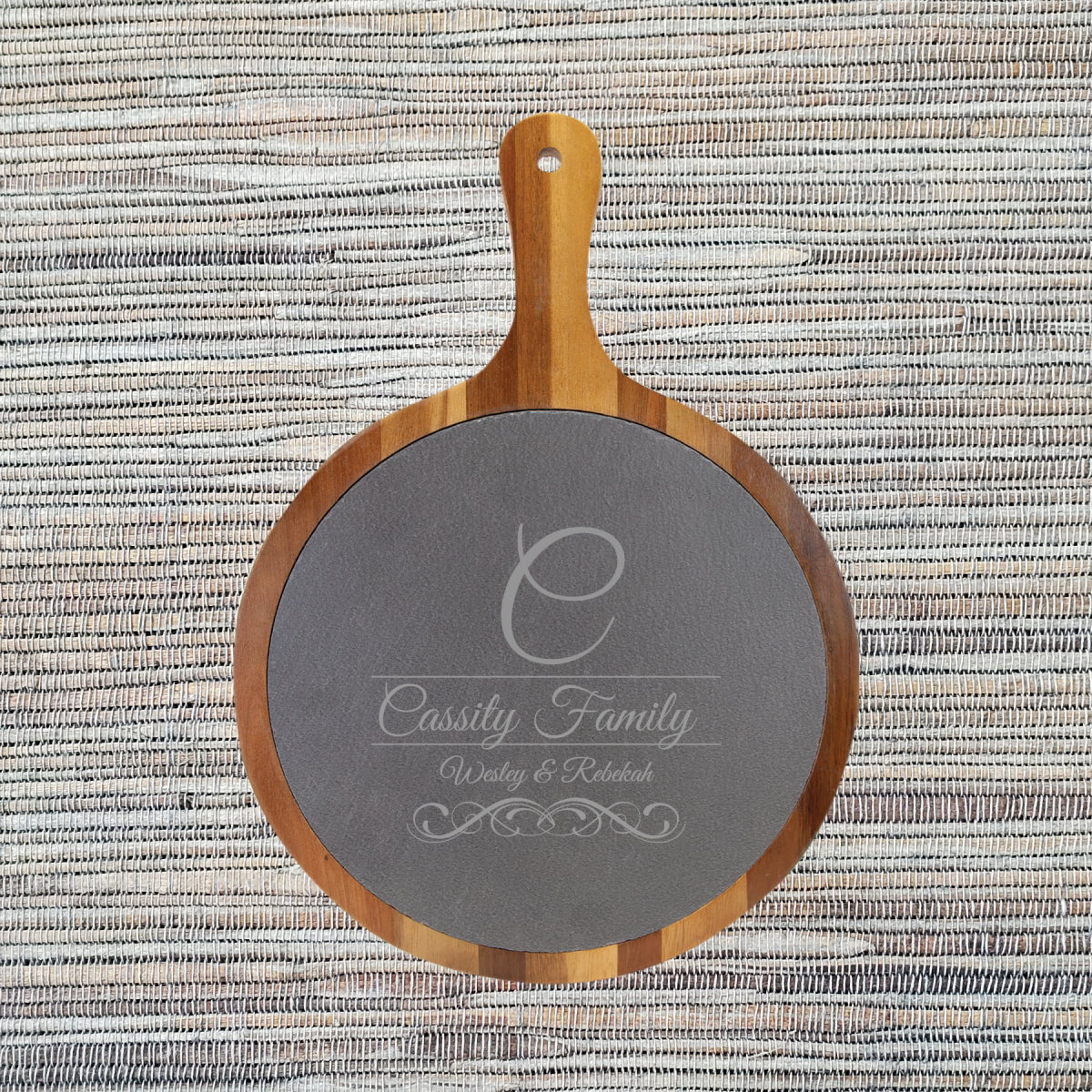 Acacia Wood & Slate Cutting/Serving Board with Handle, Round - Image 2