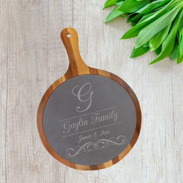 Acacia Wood & Slate Cutting/Serving Board with Handle, Round